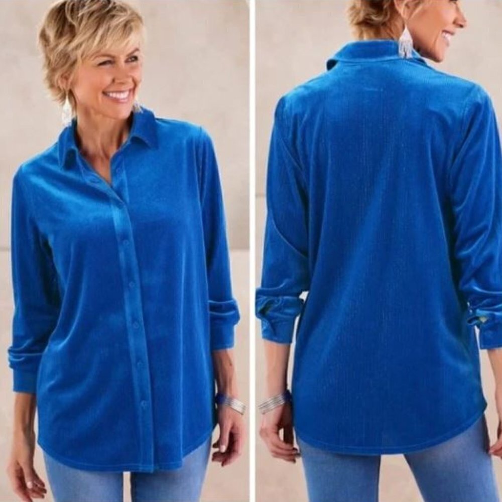 Soft Surroundings Blue Velvet Boyfriend Button Down Tunic Shirt
